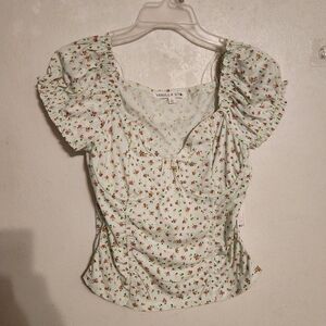 Vanilla Star Mint Floral Puff Sleeve Milkmaid Top Cottagecore Ruched Bust L NWT